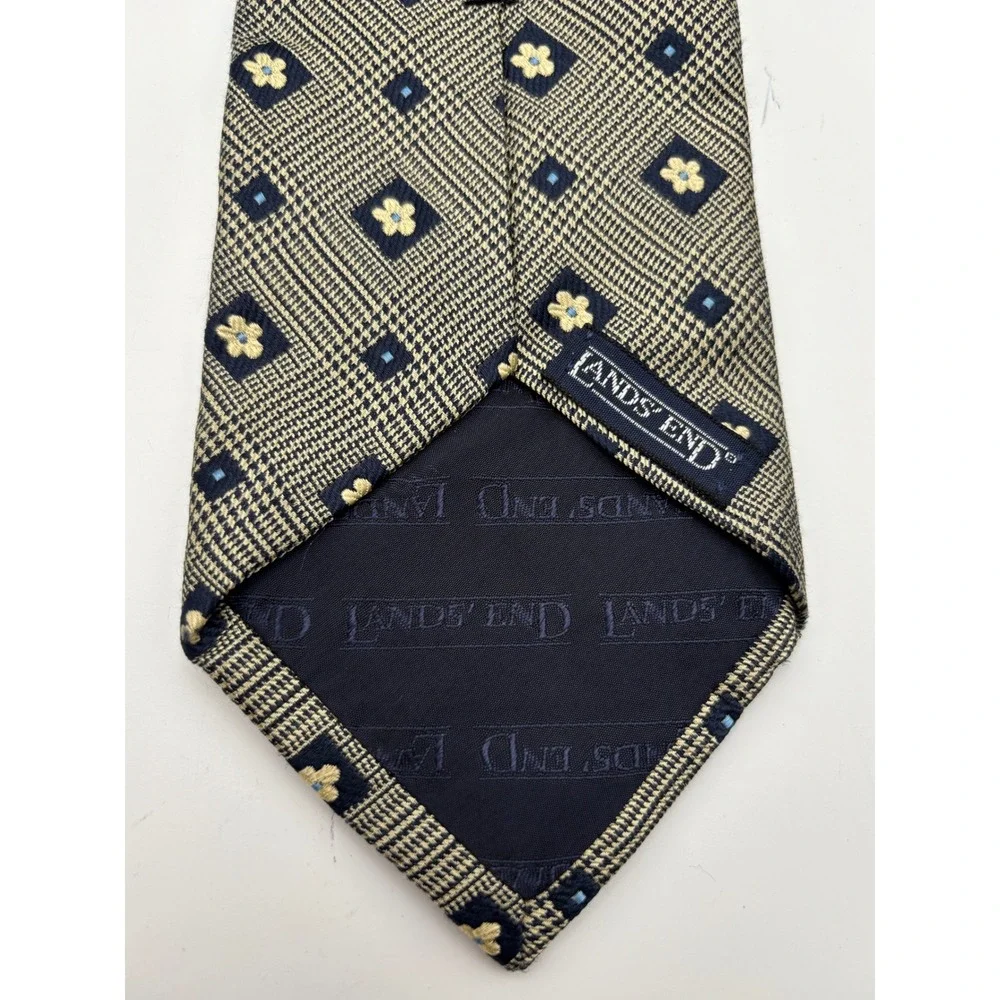 Lands' End Men's Silk Necktie Navy & Tan Glen Plaid Floral Geometric Classic Tie